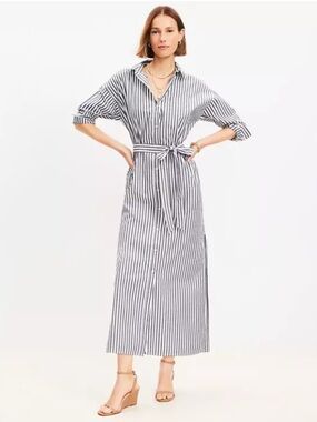 LOFT Striped Button-Up Dress in Gray & White